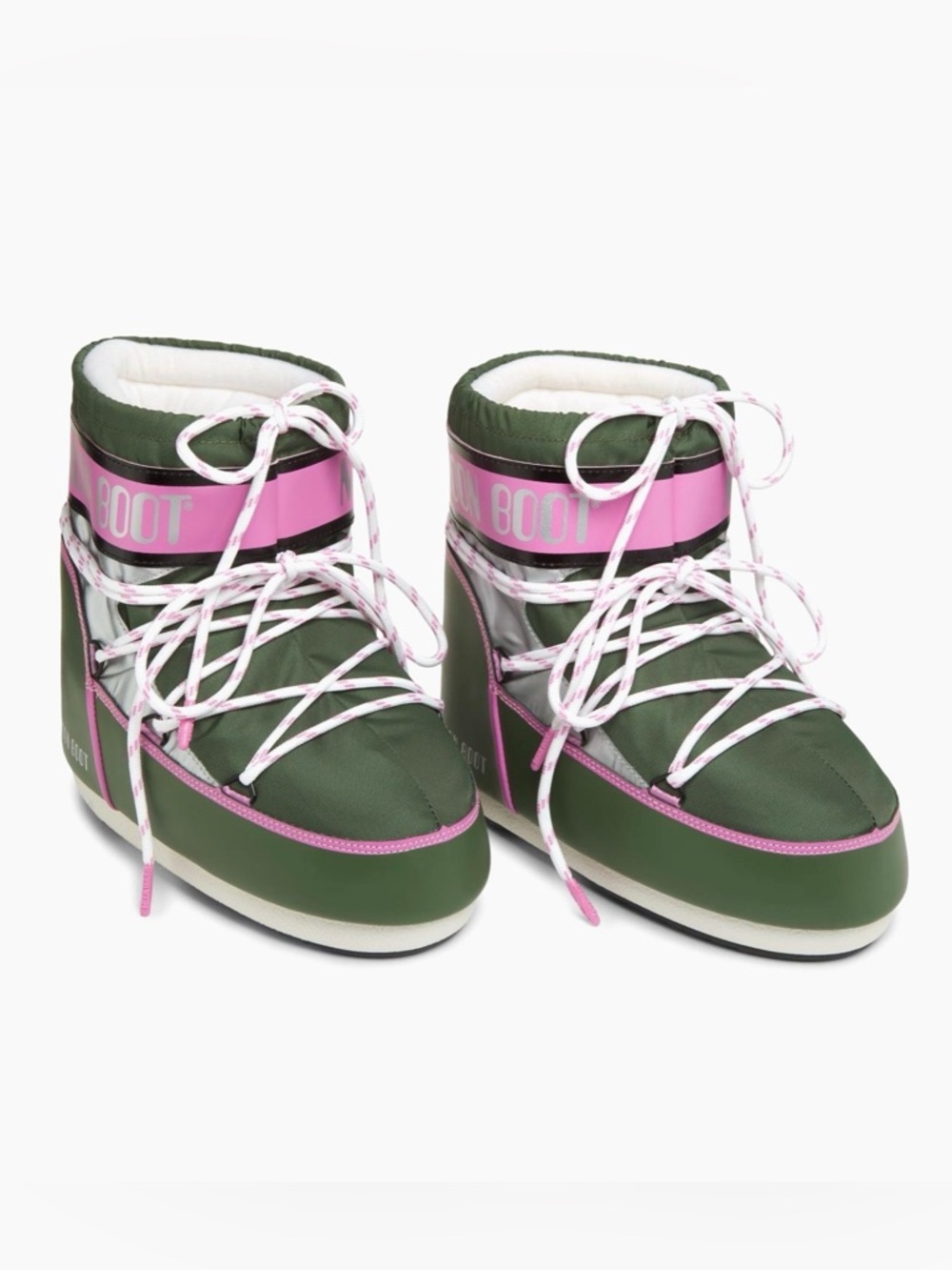 Moon Boot Olive Green and Pink Lace-Up Snow Boots